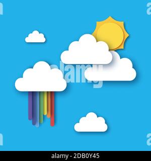 Sonne und Regenbogen. Sommerlich in Papierform. Himmelswolke. Stock Vektor