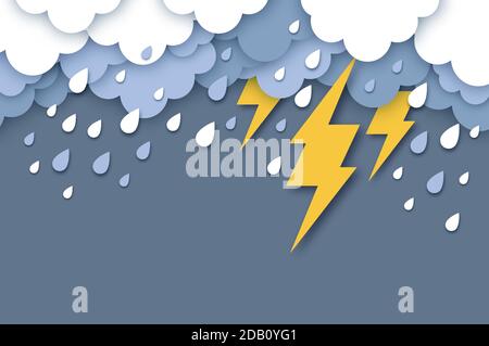 Regenwolken und Blitzschlag. Papier geschnitten Wetter. Sturmzeit. Regentropfen und Donner. Stock Vektor