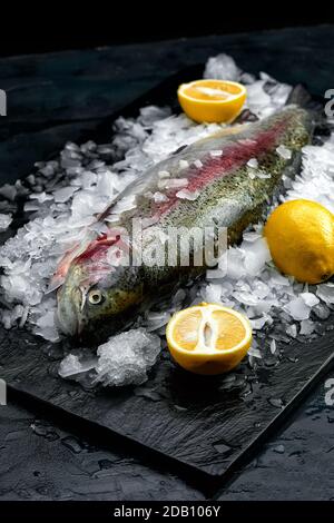 Roh frisch Bio dorado oder Seebrasse auf Eiswürfeln auf schwarzem Schiefer, Stein oder Beton Hintergrund. Stockfoto