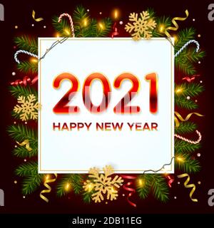 Neujahr 2021 Hintergrund mit Kiefernästen, goldenen Schneeflocken, glänzenden Girlanden, Zuckerrüben und Lametta. Vorlage für Weihnachten und Neujahr Poster Stock Vektor