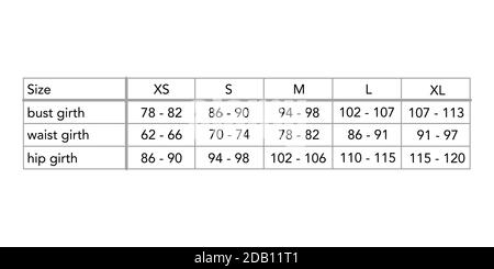 Frauen Standard Körpermaße für verschiedene Land, Stil Mode Dame Größentabelle für Website, Produktion und Online-Bekleidungsgeschäft. S, M, L, XL, US, UK, EU, Französisch, Italien, Japan, aus, Brust, Taille, Hüfte Stock Vektor