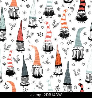 Nahtlose Vektor Hintergrund Weihnachten gnome. Handgezeichnete Illustration von Gnomen schwarz rot wiederholenden Muster. Holiday Design für Dekor, Stoff, Geschenkverpackung Stock Vektor
