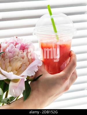 Erfrischendes Sommergetränk mit Erdbeere in weiblichen Händen vor dem Fenster und einem Bouquet von Pfingstrosen Stockfoto