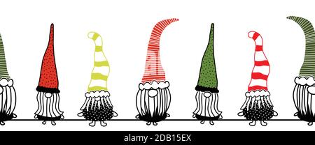 Weihnachten Gnome nahtlose Vektor-Grenze. Handgezeichnete Illustration von Gnomen schwarz grün rot wiederholenden horizontalen Muster. Monochrom-Design für den Urlaub Stock Vektor