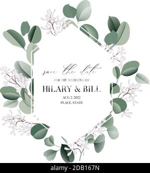 Hochzeit Einladungskarte Aquarell Eukalyptus Blätter, florale Grenze, Blätter Rahmen. Immergrün Aquarell grün blau floral Kranz, Pflanze hintergr Stock Vektor