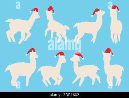 Lamas Silhouette mit Santa Hutkollektion. Vektorgrafik. Isoliert auf weißem Hintergrund Stock Vektor