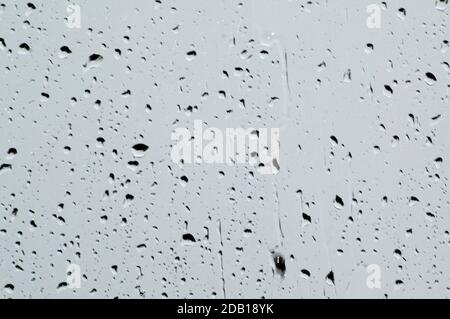 Regentropfen laufen auf einem Glasfenster, grauer Hintergrund Stockfoto