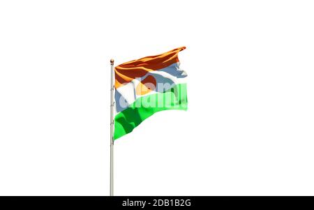 Schöne Nationalflagge von Niger auf weißem Hintergrund. Isolierte Nahaufnahme Flag 3D-Grafik. Stockfoto