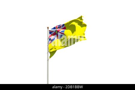 Schöne Nationalflagge von Niue auf weißem Hintergrund. Isolierte Nahaufnahme Flag 3D-Grafik. Stockfoto
