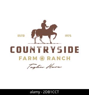 Vintage Retro Cowboy Reiten Pferd Silhouette Logo Design Illustration Stock Vektor