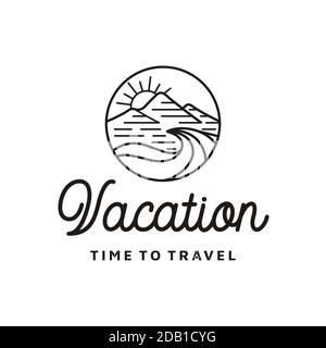 Berg, Meer, Wellen und Sonne für Hipster Adventure Travel Logo Design Stock Vektor