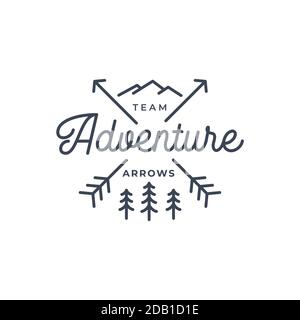 Gekreuzte Pfeile mit Berg- und Kiefernbaum-Linie Kunst. Minimalistisches rustikales Hipster-Logo-Design mit Linie Art-Stil Stock Vektor