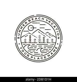 Berg, Meer, Wellen, Pinien und Sonne für Hipster Adventure Travel Logo Designinspiration Stock Vektor