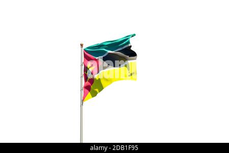 Schöne Nationalstaaten Flagge von Mosambik auf weißem Hintergrund. Isolierte Nahaufnahme Flag 3D-Grafik. Stockfoto