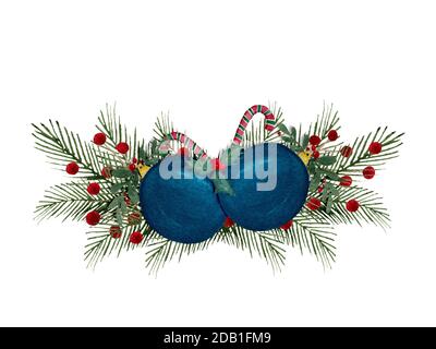 Fancy Weihnachtsdekoration mit handbemalten blauen Weihnachtsschmuck isoliert auf weiß, Aquarell Weihnachten und Winter Urlaub Dekoration für Karten Stockfoto