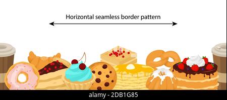 Vektor nahtlose Border Muster mit süßen Desserts. Leckere Backwaren und Backwaren. Stock Vektor