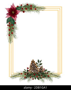 Weihnachtsrahmen Dekoration mit Tannenzweigen, Tannenzapfen und Weihnachtsstern Blume, festliche Weihnachten goldenen Rahmen Design für Karten, Grüße Stockfoto