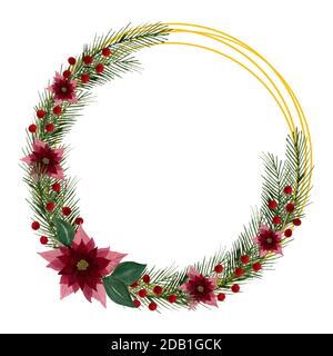Festliche Weihnachten goldenen Rahmen mit Weihnachtsstern Blumen, Tanne und Beeren, Aquarell traditionelle Weihnachtskranz Dekoration isoliert auf weiß Stockfoto