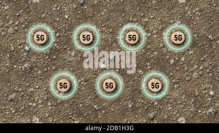 Zylinder mit Nachricht 5G im Raster neben Tablet, Smartphone und Laptop auf Schottergrund bestellt - 3d-Illustration Stockfoto