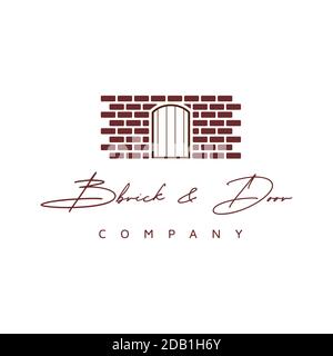 Wand Ziegel und Holztür Logo Design Inspiration Stock Vektor