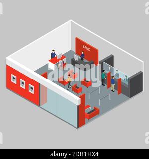 Illustrierte isometrische Innenansicht der Bank Vektordarstellung Stock Vektor