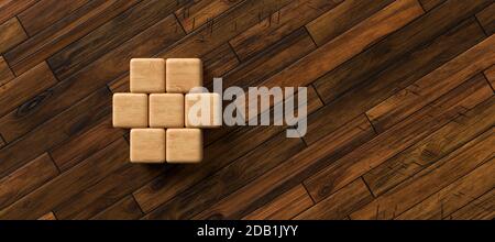Leere Holzwürfel in Form eines Sechsecks für Eigene Botschaften und Icons auf Holzhintergrund - 3d Illustration Stockfoto