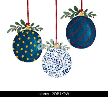 Weihnachtshintergrund mit hängenden Kugeln, handbemalte Aquarell-Illustration mit Weihnachtsschmuck für Karten, Grüße oder Designs Stockfoto