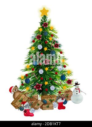 Weihnachtsbaum mit Dekorationen und Geschenken isoliert auf weiß, Aquarell-Weihnachtsszene Illustration für Karten Grüße oder Designs, Weihnachtsbaum Stockfoto