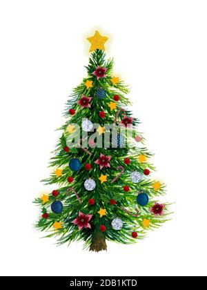 Weihnachtsbaum mit Dekorationen und Ornamenten isoliert auf weiß, Aquarell Weihnachtsbaum Illustration für Karten, Grüße oder Designs Stockfoto