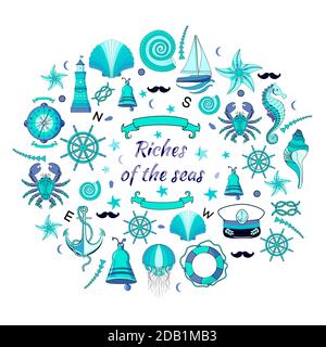 Marine-Set. Muscheln, Segelboot, Kompass und Krabbe. Ein Schnurrbart und eine Matrosenmütze mit einem Imor-Knoten-Lenkrad. Stock Vektor