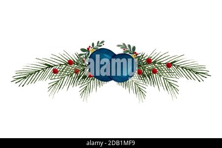 Elegantes Weihnachtsdesign mit blauen Weihnachtsornamenten, Tannenzweigen und Beeren, Aquarell-Weihnachtsillustration mit blauen Kugeln Stockfoto
