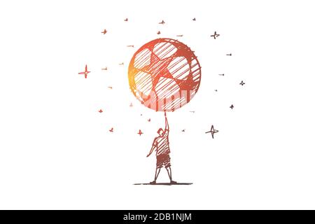 Handgezeichneter Fußballspieler mit großem Ball oben Stock Vektor