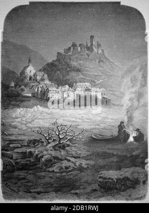 Beilstein an der Mosel im Winter mit schwerem Eis am Fluss, 1885, Deutschland / Beilstein an der Mosel im Winter bei schwerem Eisgang auf dem Fluß, 1885, Deutschland, Historisch, historisch, digital verbesserte Reproduktion eines Originals aus dem 19. Jahrhundert / digitale Reproduktion einer Originalvorlage aus dem 19ten Jahrhundert. Jahrhundert Stockfoto