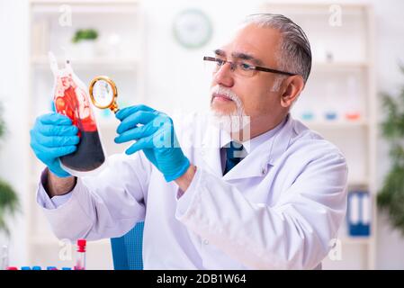 Der alte, im Labor arbeitende Chemiker Stockfoto