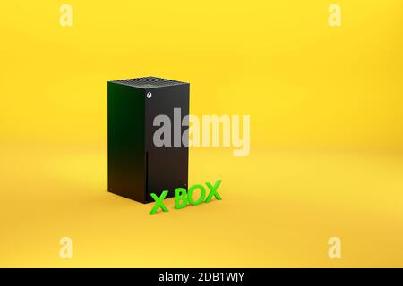 Wrocław, Polen - November 16 2020: Xbox Series X Heimvideospielkonsole von Microsoft. 3d-Rendering-Konzeptmodell. Speicherplatz kopieren Stockfoto