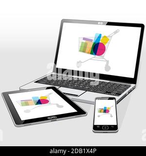 Online-E-Retail (E-Commerce)-Shopping auf den 3 vorgestellten mobilen Geräten vorgestellt. Stock Vektor