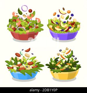Obst und Salatschüsseln Vektor-Illustration Stock Vektor