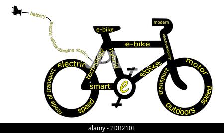 Yellow Wordcloud mit auf schwarzem Hintergrund E-Bike â €" Illustration Stockfoto