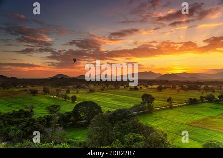 Vogelperspektive auf den frischen grünen Feldern von Ceylon, extremer Flug im Heißluftballon über die wundervolle Natur Südasiens, Sri Lanka Stockfoto