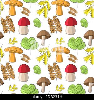 Nahtloses Vektor-Muster mit Wildpilzen und Blättern Stock Vektor