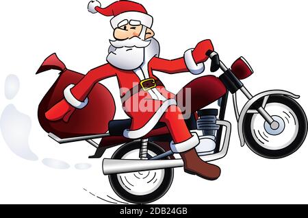 Weihnachtsmann Fahrrad Urlaubskarte. Happy Santa Claus auf roten Motorrad Vorlage Vektor-Illustration. Dekorative Ikone. Isolierte abstrakte Grafik-Design-Vorlage. Stock Vektor