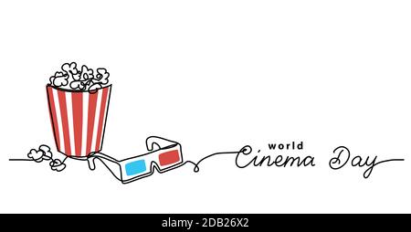 Cinema Tag Vektor-Illustration mit Popcorn Eimer und 3d-Brille. Eine Linie Zeichnung Kunst Illustration mit Schriftzug Welt Kino Tag Stock Vektor