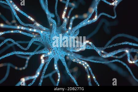 Konzeptionelles Bild eines Neurons, das mit elektrischer Ladung erregt wird. Konzept der Wissenschaft und Forschung des menschlichen Gehirns, 3D-Illustration. Stockfoto