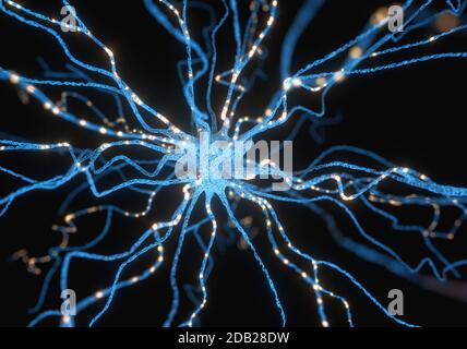 Konzeptionelles Bild eines Neurons, das mit elektrischer Ladung erregt wird. Konzept der Wissenschaft und Forschung des menschlichen Gehirns, 3D-Illustration. Stockfoto