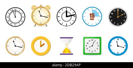 Große Reihe von verschiedenen Farben Uhr Symbole. Wecker, Stoppuhr, Sanduhr.Time Konzept oder Uhr Business-Symbol. vektor-Illustration. Stock Vektor