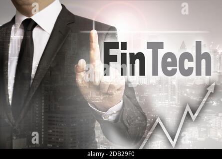 FinTech wird durch Businessman Concept gezeigt. Stockfoto