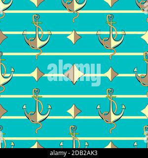 Muster für Jungen. Meeresmotiv. Nahtloses Muster mit goldenem Anker und Raute auf blauem Hintergrund mit gelben Streifen. Vektorgrafik. Stock Vektor