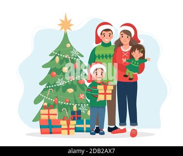 Glückliche Familie mit weihnachtsbaum. Niedliche Illustration im flachen Stil Stockfoto