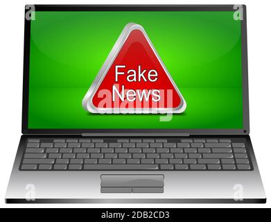 Laptop-Computer mit roten Fake News Warnschild auf grünem Desktop - 3D-Illustration Stockfoto