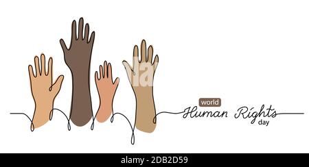 Menschenrechts Tag Konzept, Banner, Hintergrund mit farbigen Händen. Eine Linie Zeichnung Kunst Illustration mit Schriftzug Welt Menschenrechte Stock Vektor